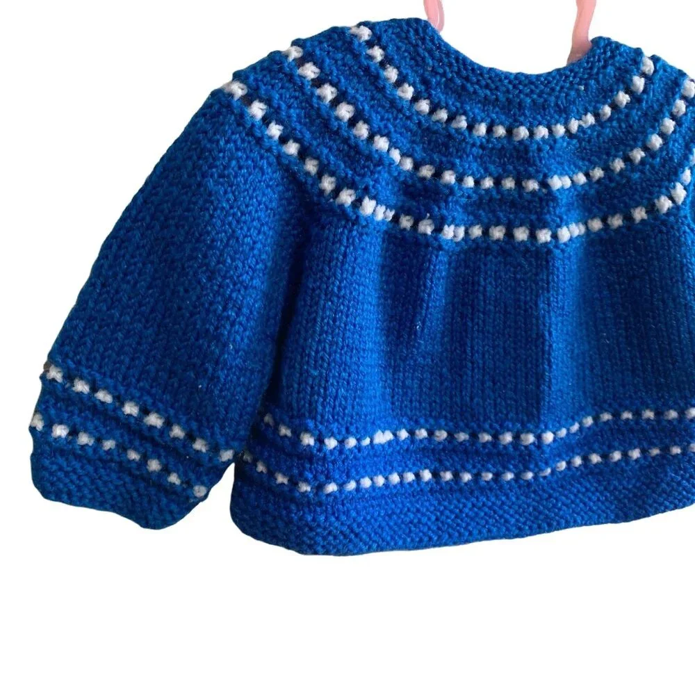 Vintage Handknit Cozy Chunky Knit Retro Blue Cardigan 0-3 Months